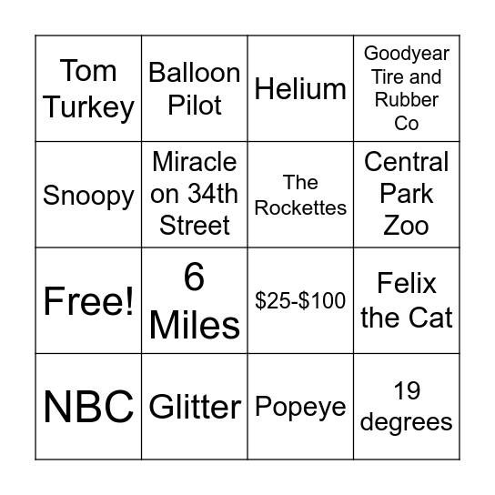Macy's Thanksgiving Parade Bingo Card