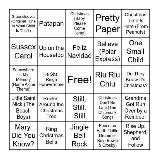 Christmas Carol BINGO Card