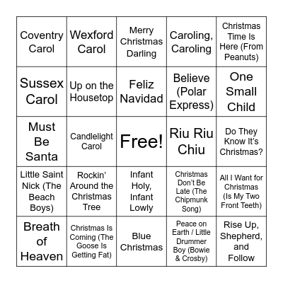 Christmas Carol BINGO Card