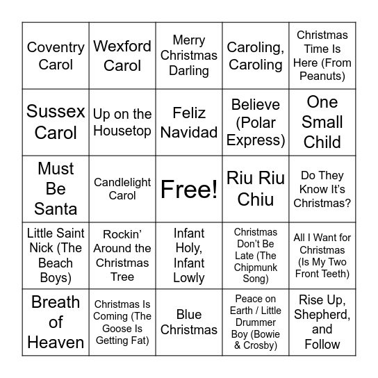 Christmas Carol BINGO Card