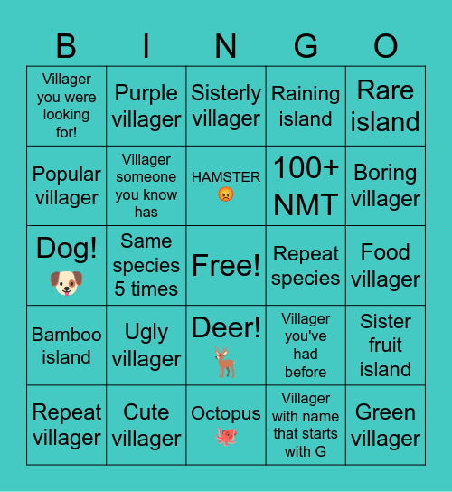 ACNH Villager Hunt Bingo Card