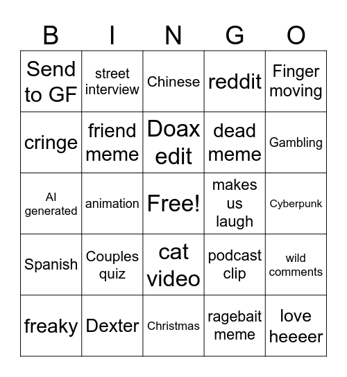 gf reels Bingo Card