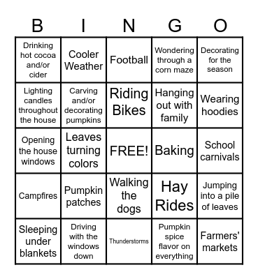 The Best Things about Fall Bingo Card