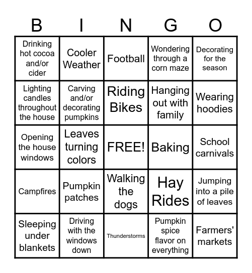 The Best Things about Fall Bingo Card