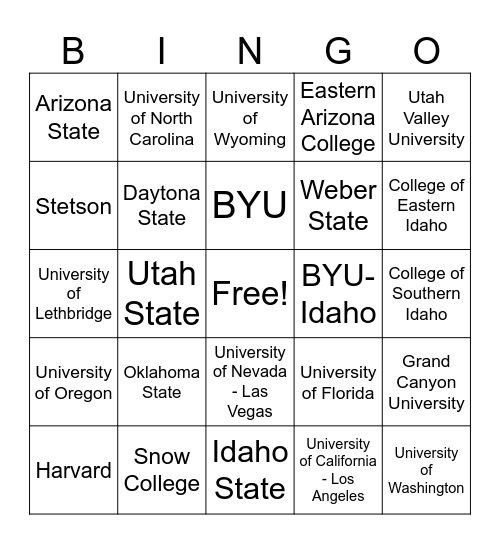 College Bingo Card