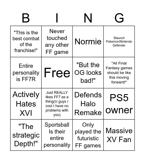 FF7R Defender Bingo Card