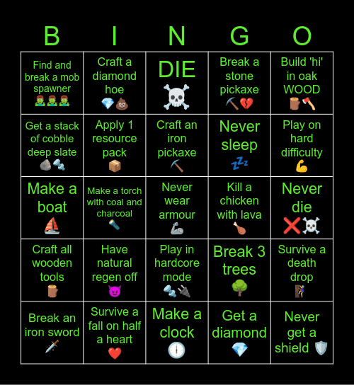 Minecraft Bingo Card