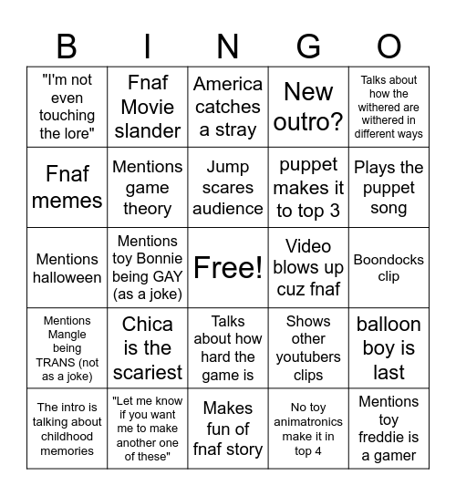 New NPG fnaf video Bingo Card Bingo Card