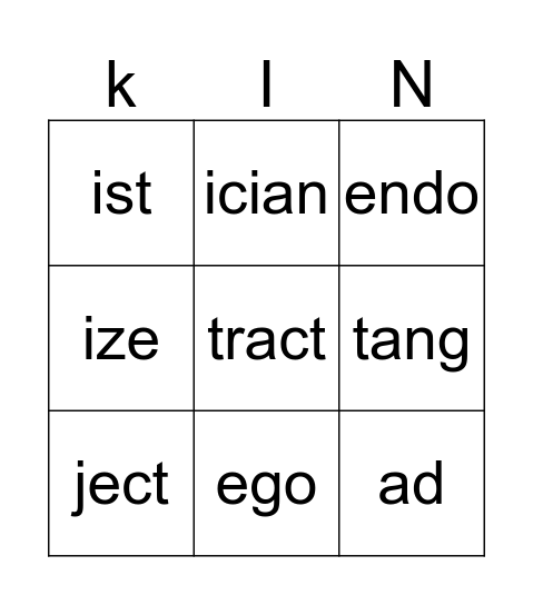 stem words # 2 Bingo Card