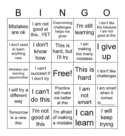 Fixed vs Growth Mindset Bingo Card