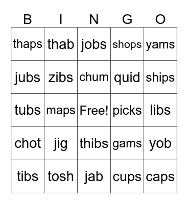 CVC Suffix -s Bingo Card