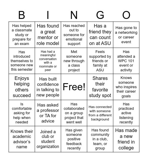 College Connection Bingo Card