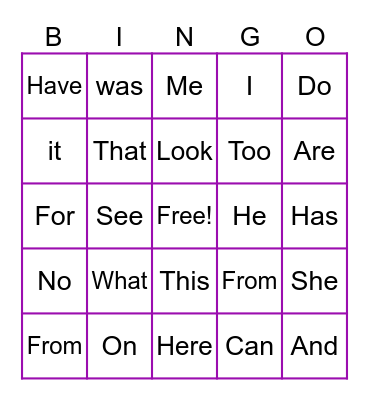 Sight Words Bingo Card