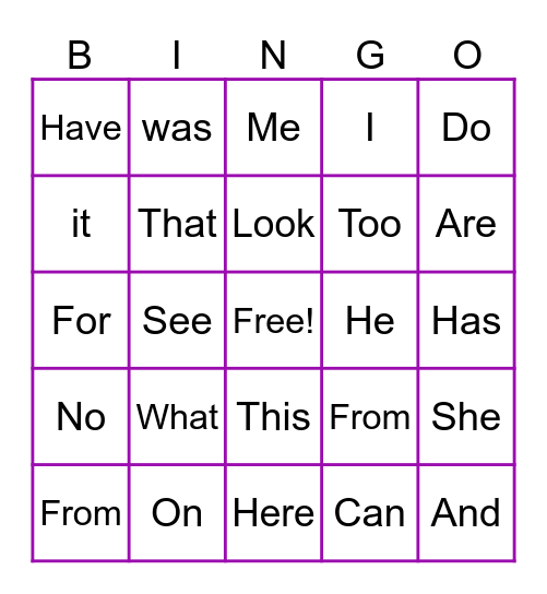 Sight Words Bingo Card