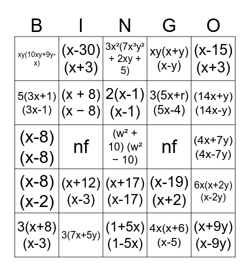 Factoring Bingo Card