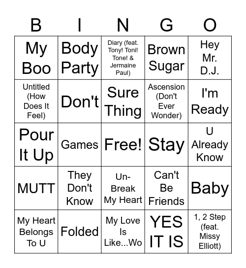 R&B Music Bingo Card