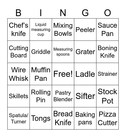 Kitchen Equipment Bingo Card