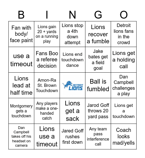 Detroit Lions Bingo Card