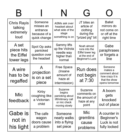 American in Paris Final Dress Bingo Card