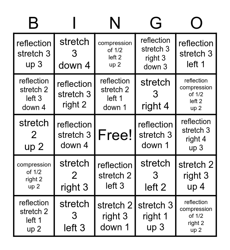 Absolute Value Transformations Bingo Card