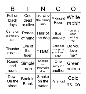 Songs From Supernatural Bingo Card