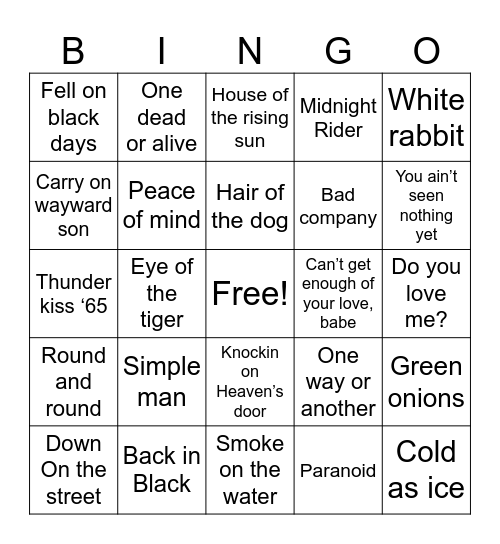 Songs From Supernatural Bingo Card