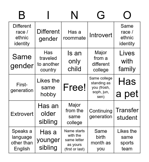 Identity Bingo Card
