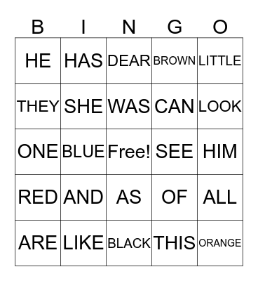 Sight Words Bingo Card