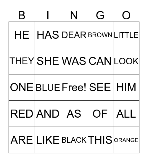 Sight Words Bingo Card