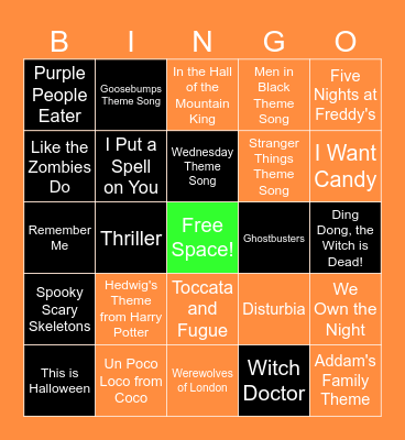 Halloween Music Bingo Card