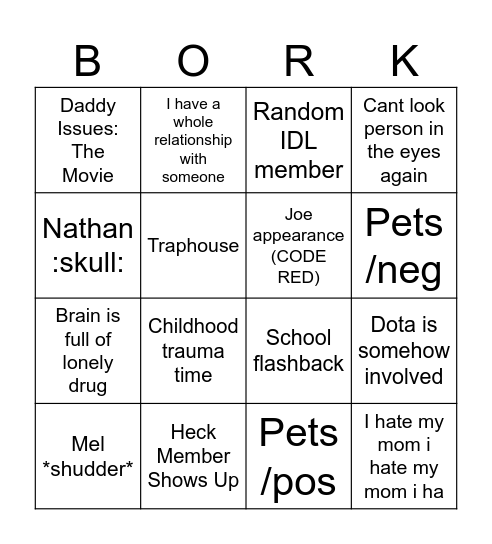 Borky's Bad Dream Bingo Card