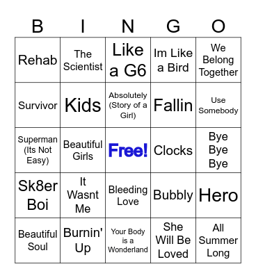 2000's Pop Bingo Card
