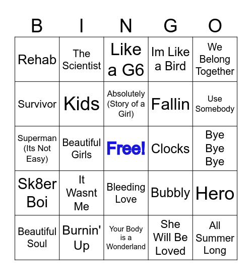 2000's Pop Bingo Card