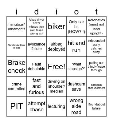 Idiots in cars Bingo Card