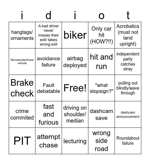 Idiots in cars Bingo Card