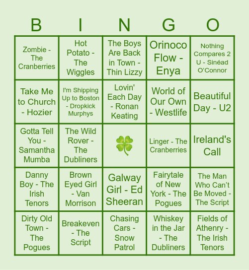 IRISH MUSICAL BING Bingo Card