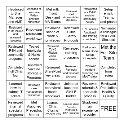 TVHC New Provider BINGO Card