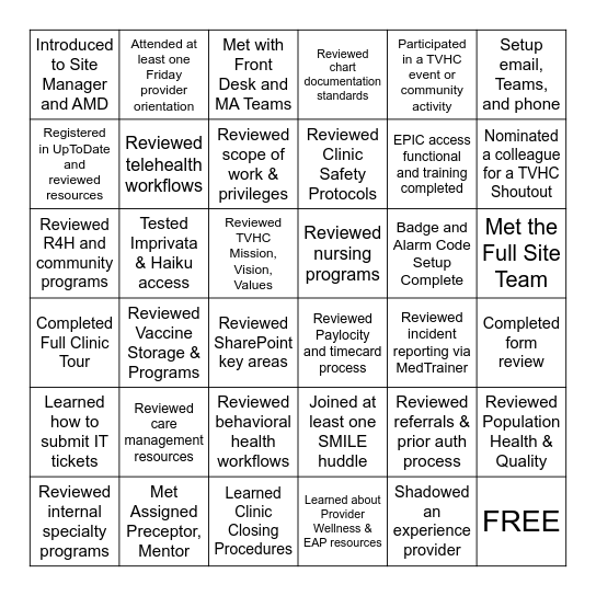 TVHC New Provider BINGO Card