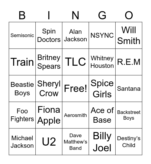 Artists From 90’s Bingo Card