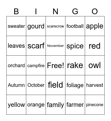 Fall Bingo Card