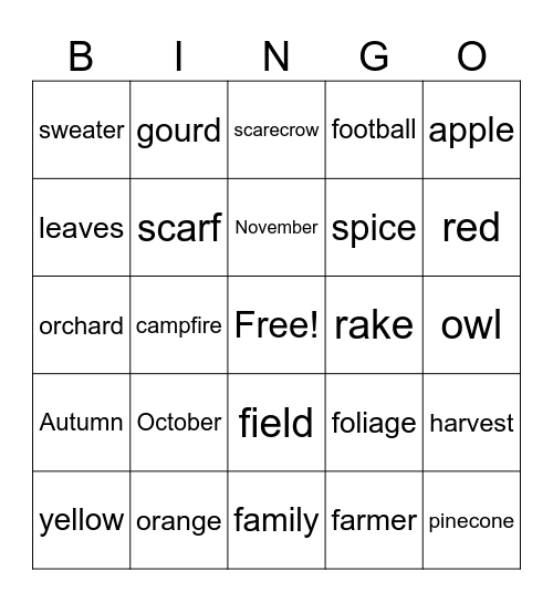 Fall Bingo Card