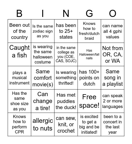 GAMMA PHI BINGO Card