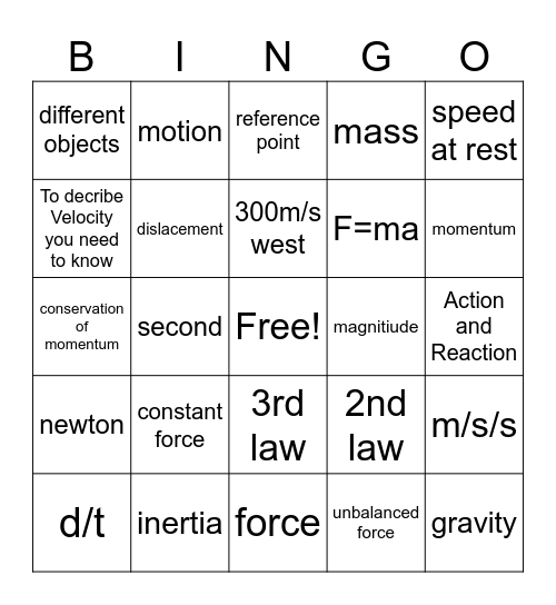Unit Review Newton motion Bingo Card