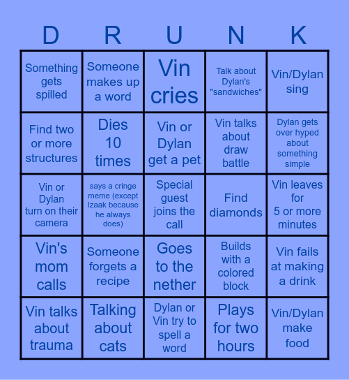 Drunk Minecraft Bingo Card