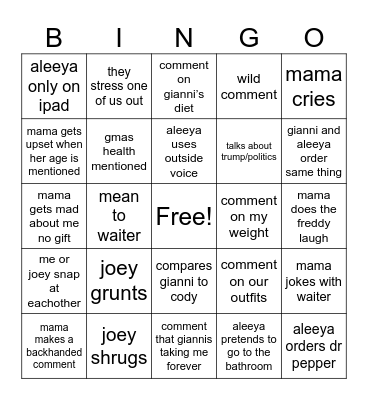 Family Function Bingo Card