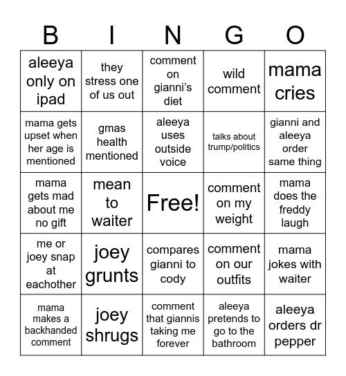 Family Function Bingo Card