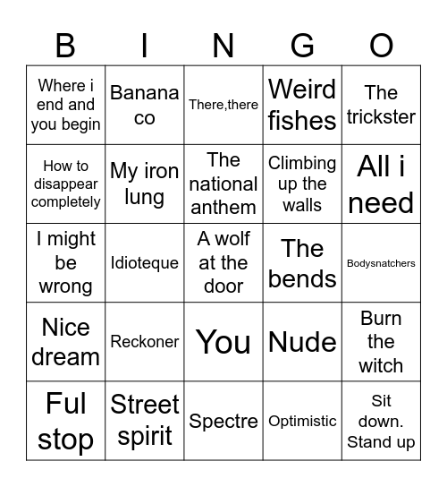 Radiohead setlist Bingo Card