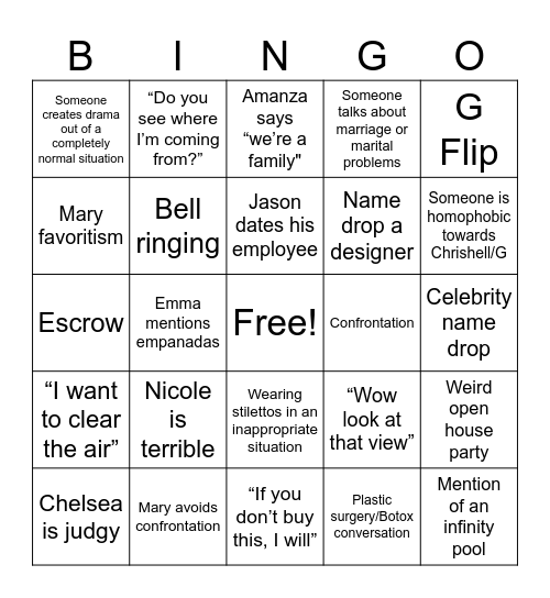Selling Sunset 1.0 Bingo Card
