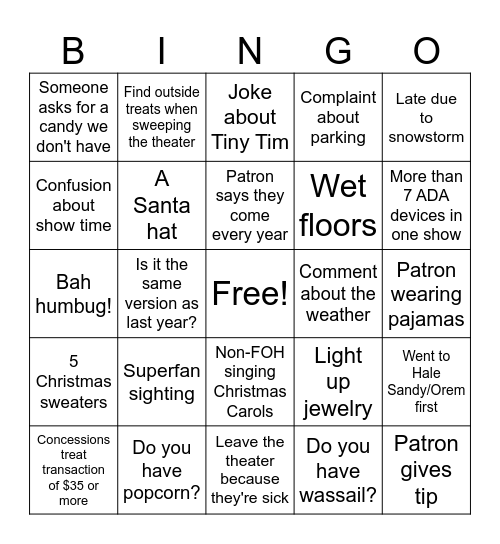 Christmas Carol Bingo Card