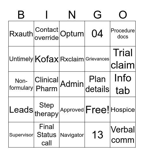 Prior Auth Training Bingo Card